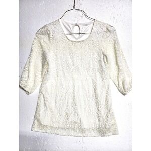 Ava James Top Women Medium White Short Sleeve Knitted Crochet‎ Layered Pullover